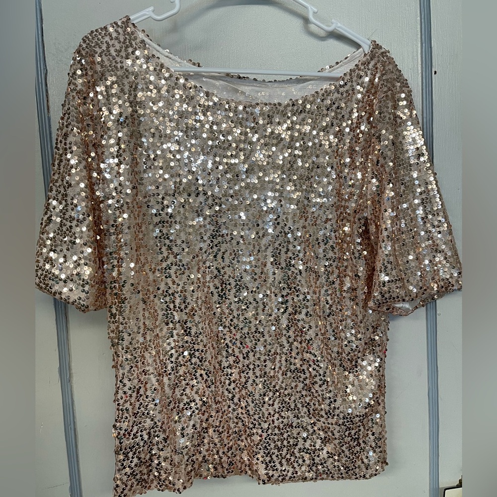 gold/pink Sequin short sleeve top- no tag in size. Large. No name brand.